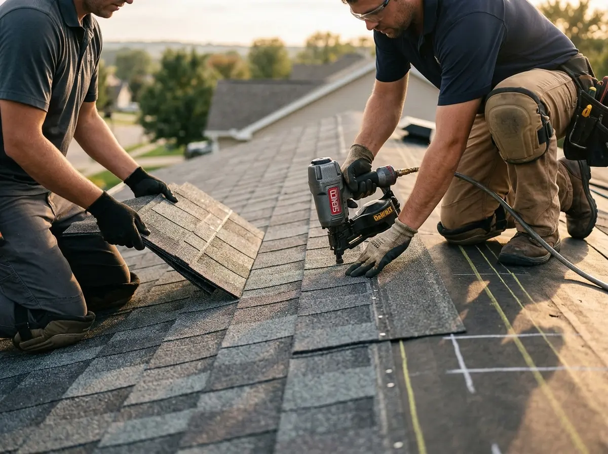 Professional roofer working on a residential roof in Batavia